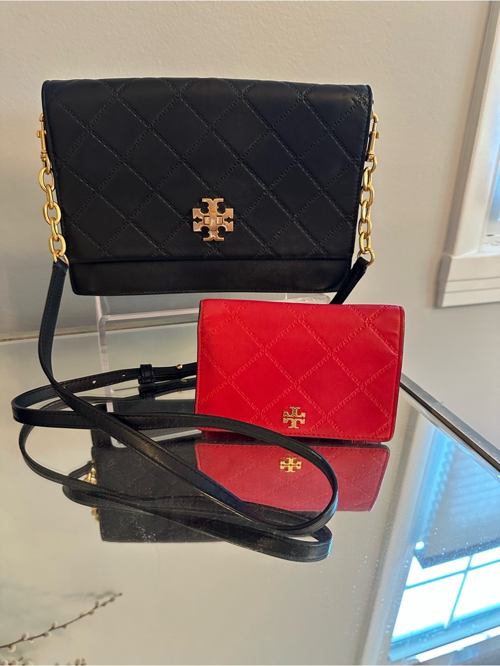 Tory Burch Black Quilted Leather Crossbody with Red Wallet